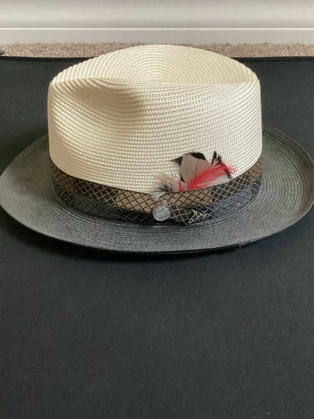 Two-Tone Straw Fedora with Feather Trim
